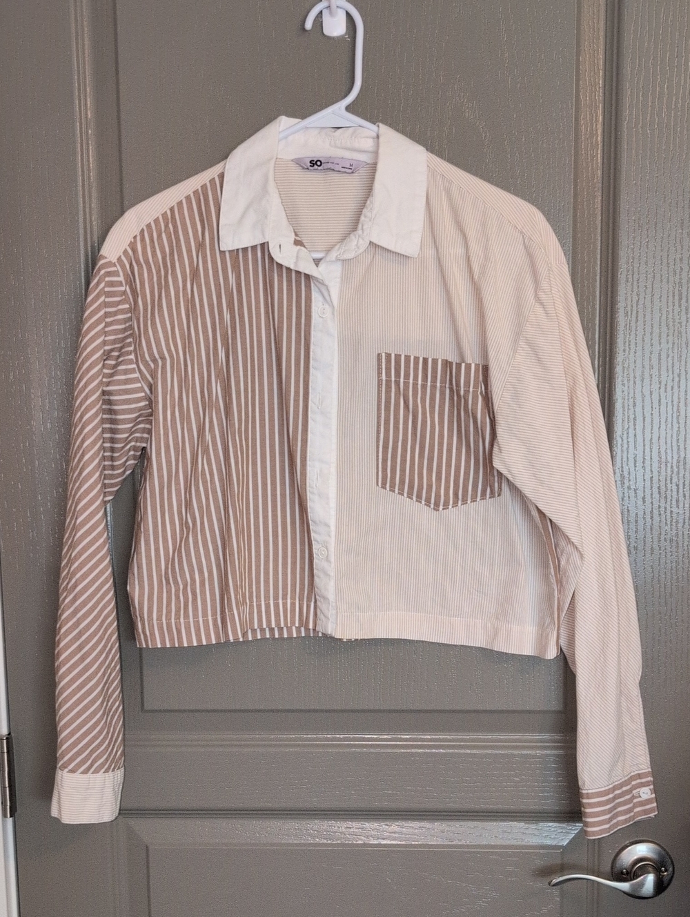 SO Colorblock Striped Button-Front Shirt — Beige & White